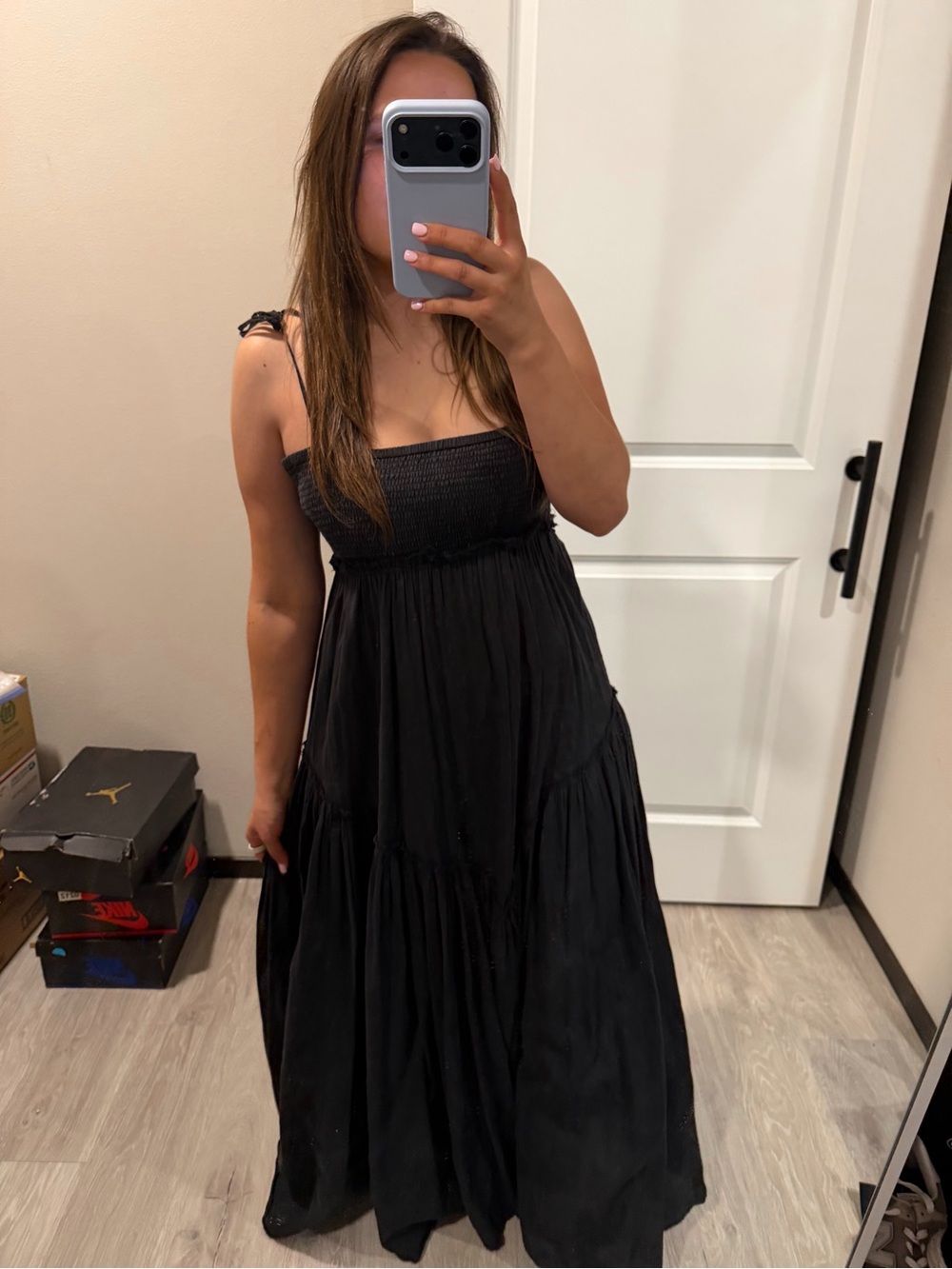 All Saints Black Smocked Maxi Dress with Tie Straps